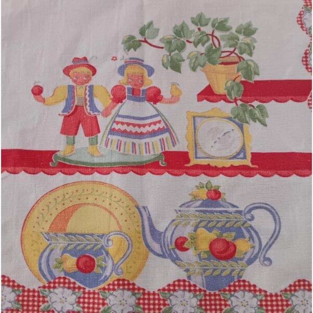 Printed Cotton Kitchen Dish Towel Red Fruit Flowers Kitschy Folk People